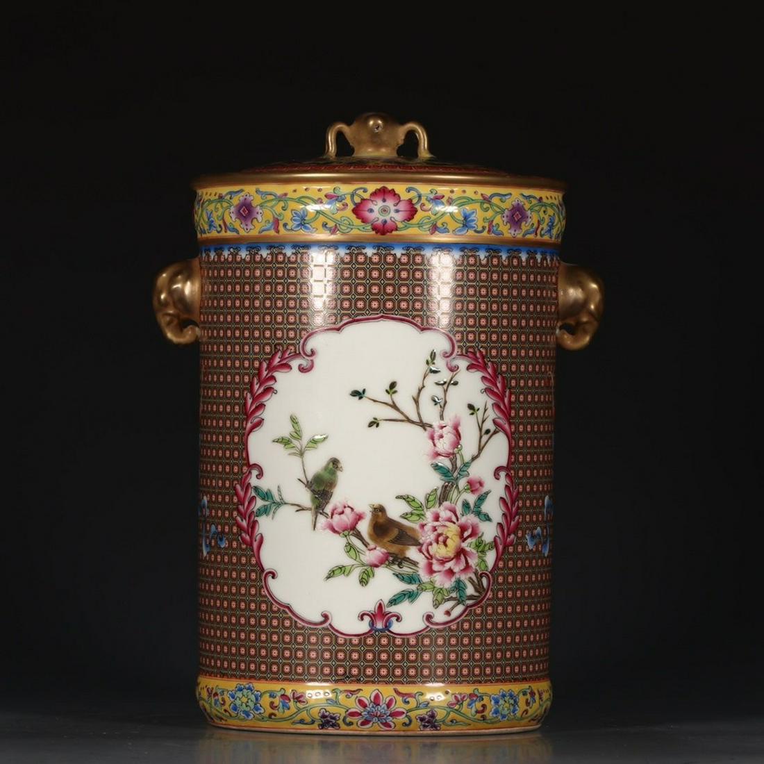 A Chinese Famille Rose Flower&Bird Pattern Porcelain: Ht.24.5cm, Diam.13.2cm,