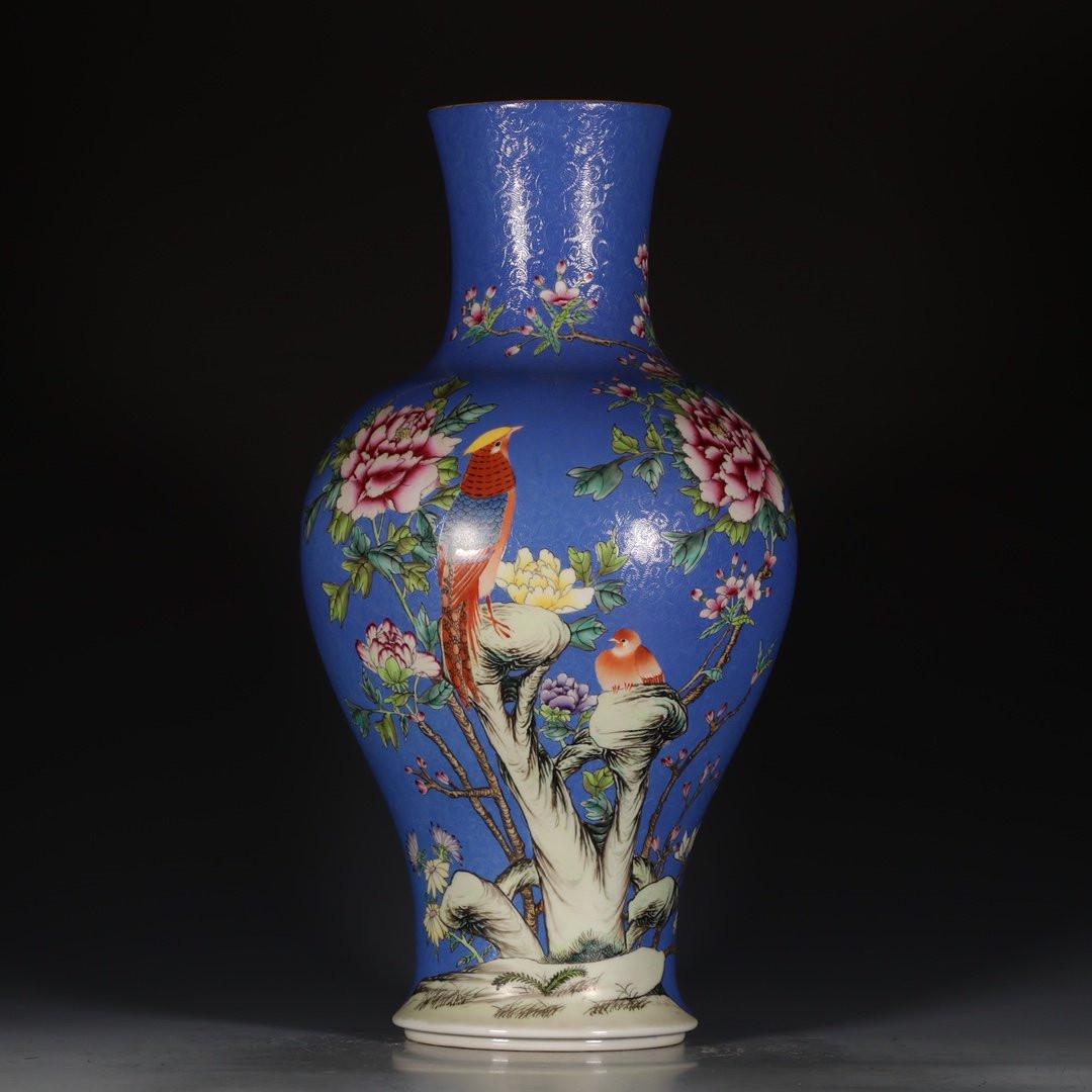 A Chinese Blue Famille Rose Flower&Bird Pattern: Ht.45.3cm; Diam.13.5cm;
