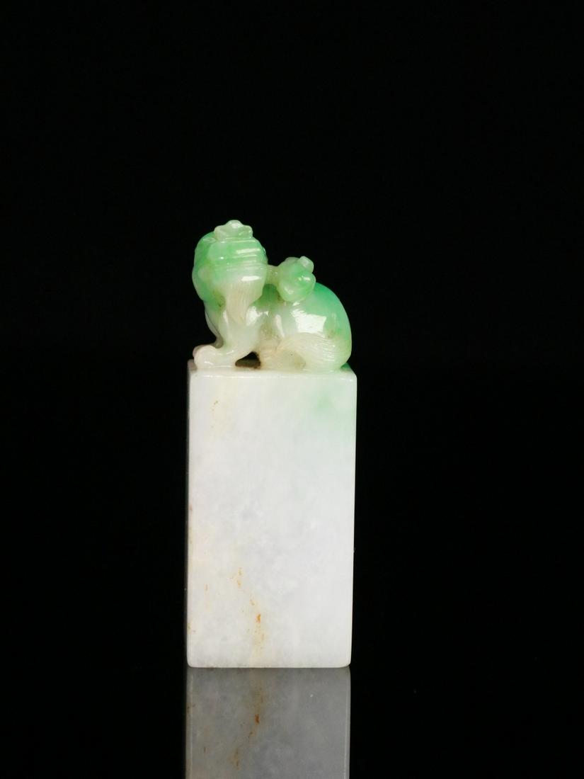 A Chinese Jadeite Beast Carved Seal: Height: 5.6cm; Width: 2.1cm; Weight: 50.2g