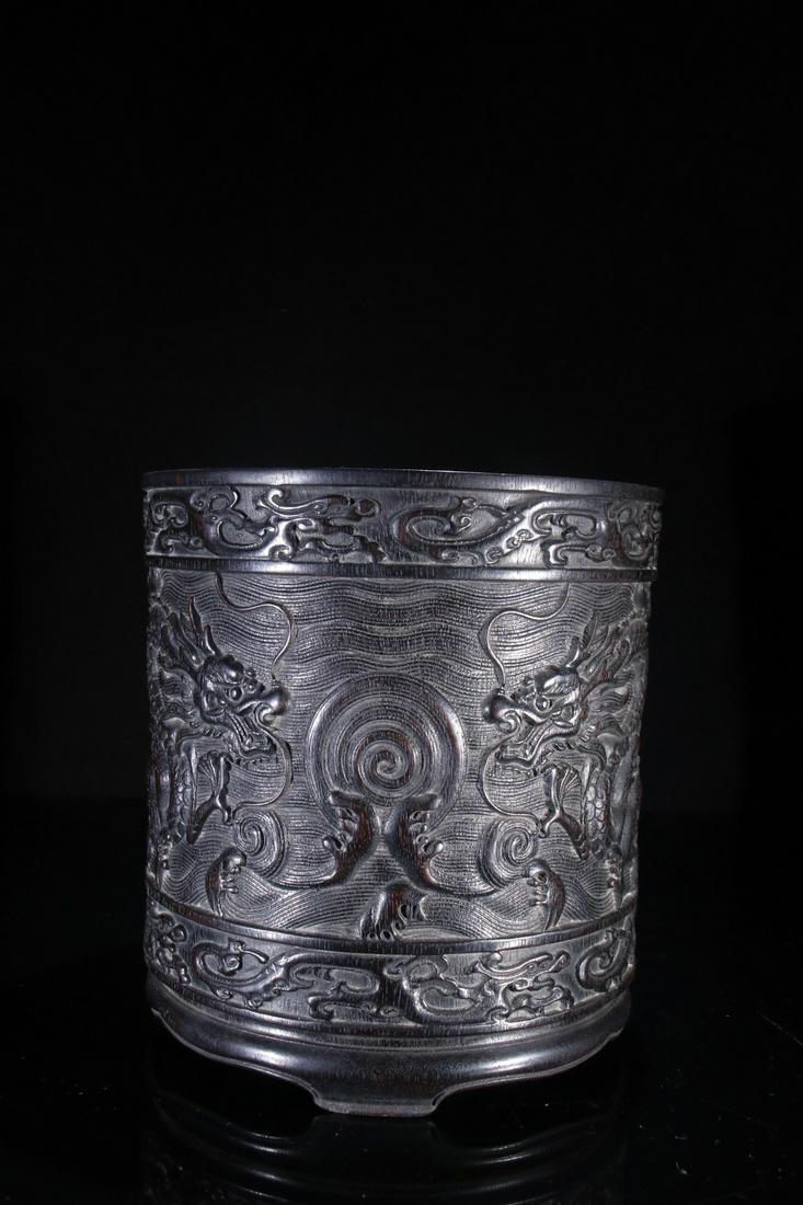 Rosewood Brush Pot with Dragon Pattern: Height: 16.3cm; Width: 15.5cm; Weight: 1069g