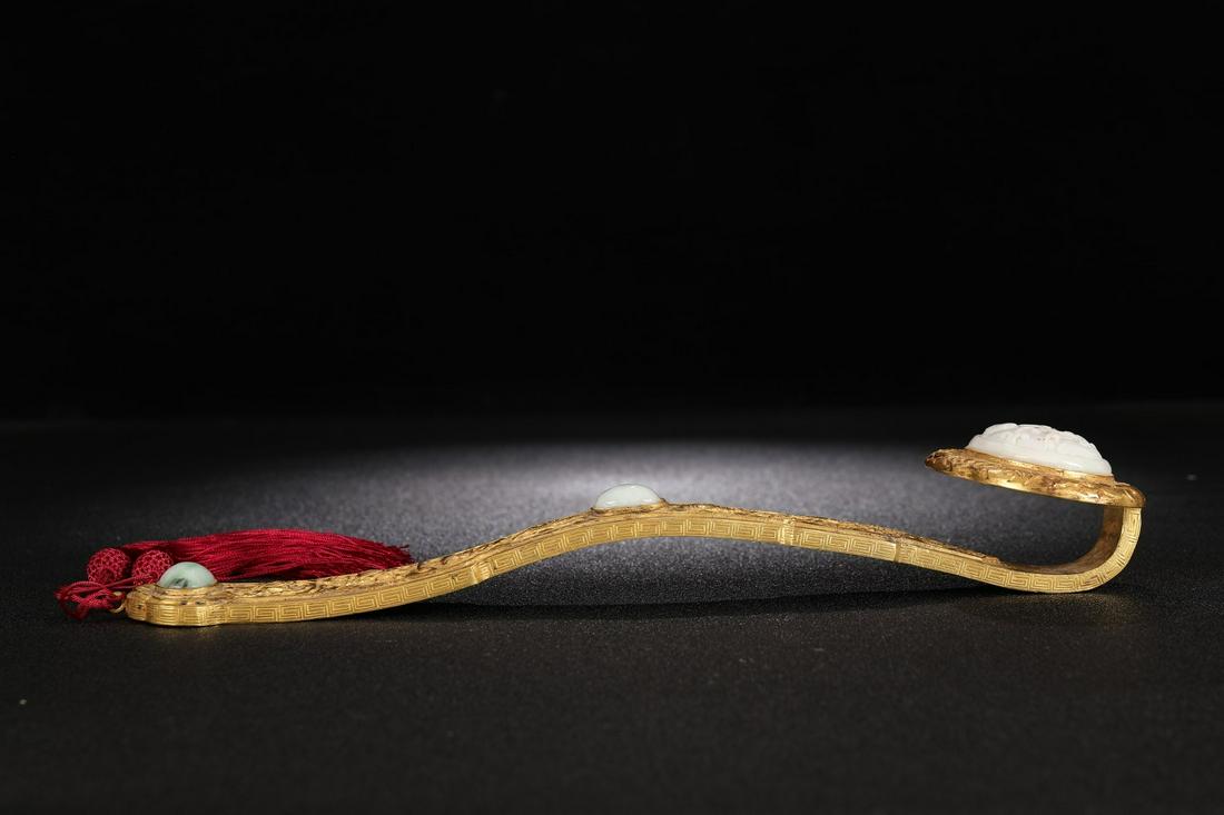 A Gilt Bronze Ruyi Ornament Embed Jadeite: Length: 30.5cm; Width: 7.7cm; Weight: 637g