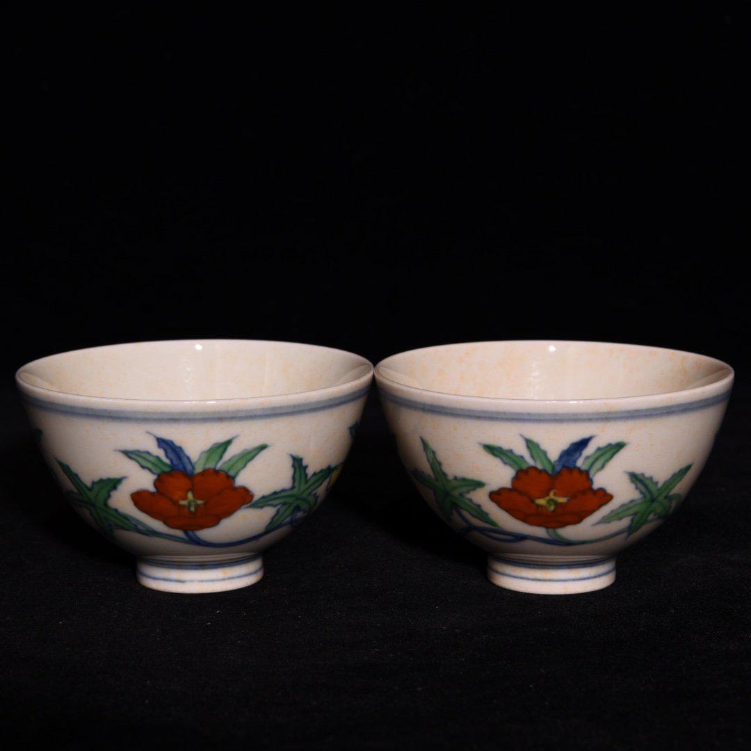 Pair Of Porcelain Doucai Floral Cups: 4.7*7.8