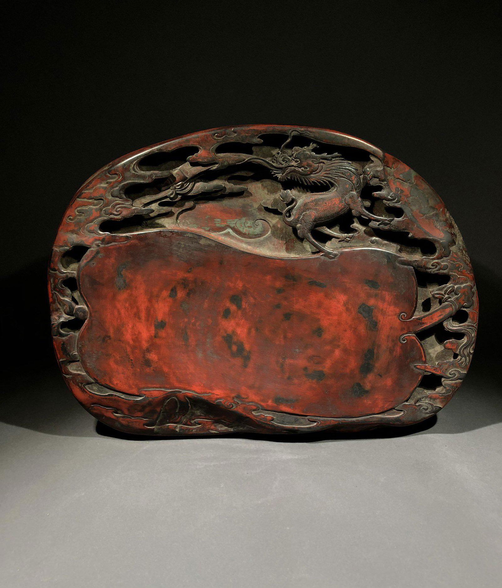 A Cinnabar Ink Slab, Wang Hui Zu Mark: Length: 32.2cm; Width: 23.6cm; Thickness: 3.7cm