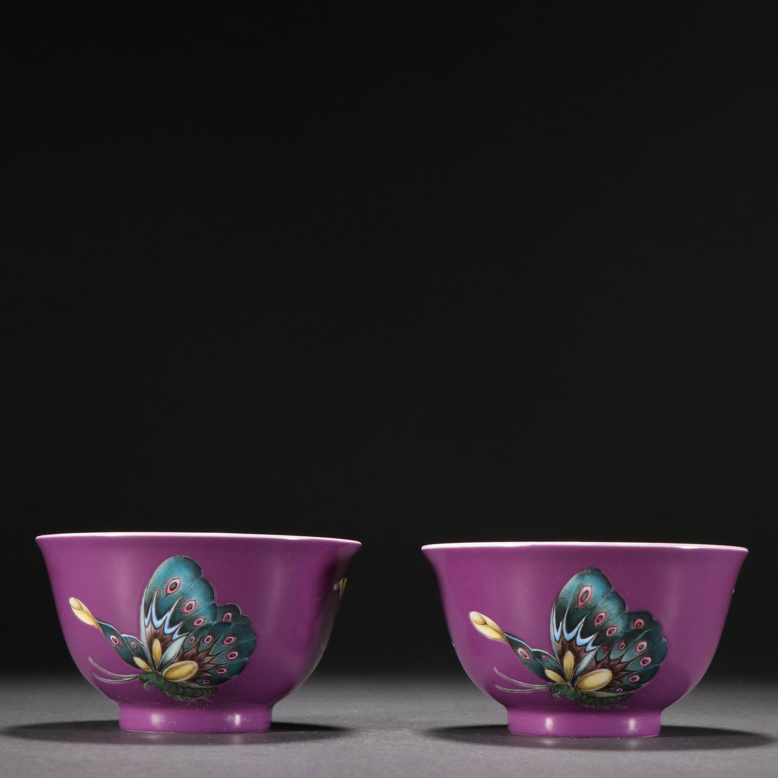 Pair Of Porcelain Purple Glaze Famille Rose Cups: Height: 5cm; Width: 9cm