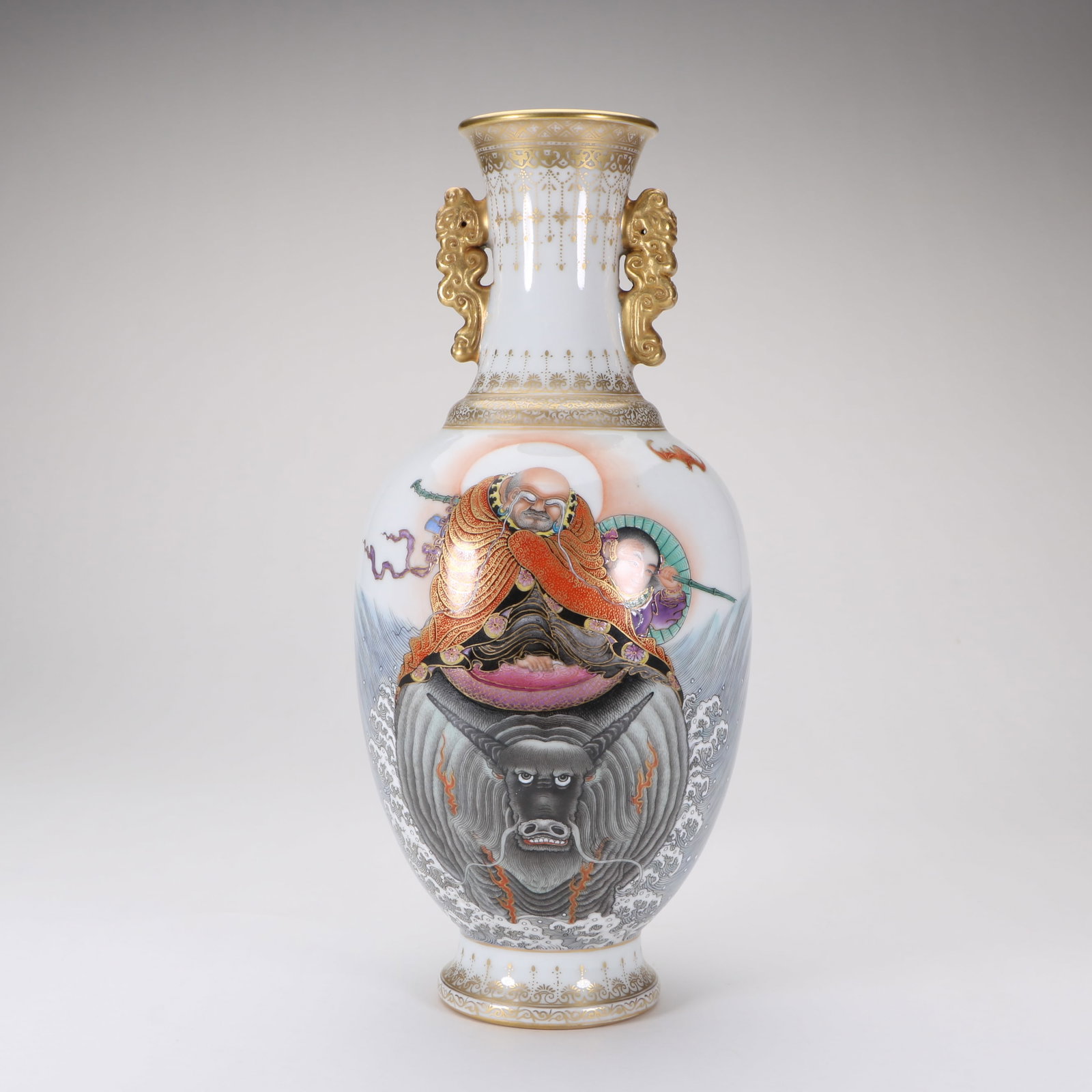 Pink enamel Buddhist long red eyebrow Arhat double-eared vase: Height 30cm Width 11cm