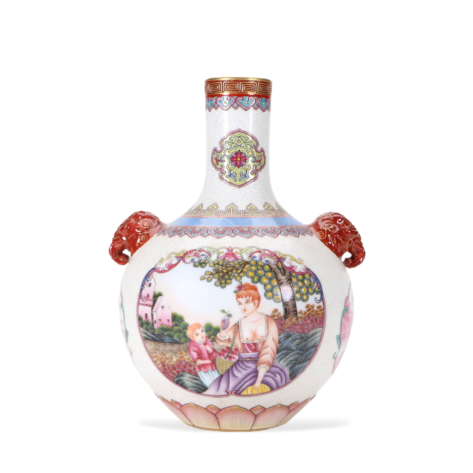 Enamel window sunset figure elephant ear celestial globe vase: Height 20.5cm Width 13cm