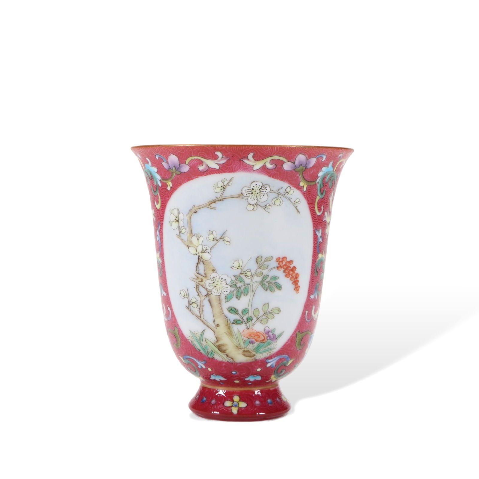Red glaze pink flower pattern bell cup with window: Height 11cm Width 9cm