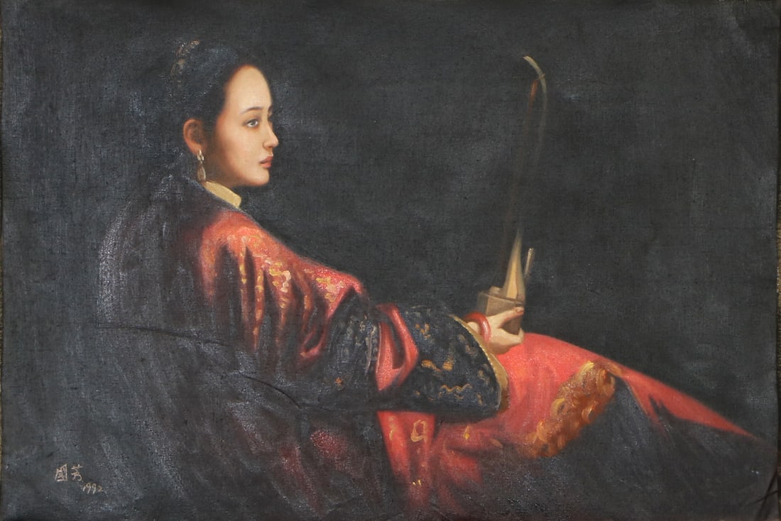 Jiang Guofang Mark oil painting of a woman smoking a pipe: Height 61cm Width 89cm