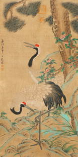 Wang Guxiang Mark Colored Pine and Crane Hanging Scroll (Paper): Height 131cm Width 65cm