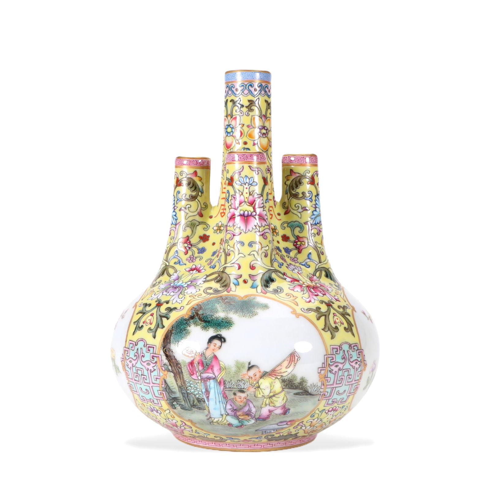 Yellow ground famille rose five-tube appreciation vase with open window and story of characters: Height 7.5cm Width 12cm