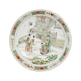 Qing Dynasty Kangxi mark multicolored large plate with the story of 'Buddha Temple Marvels (1 of 4)