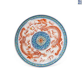 Qing Dynasty Guangxu mark Vermilion Plate with Double Dragons Playing with a Pearl Patterns (1 of 4)