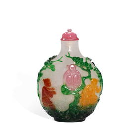 Qing Dynasty Four-Color Overlay Glass Snuff Bottle with Bamarked Play Picture (1 of 4)