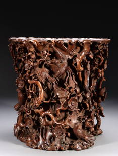 Qing Dynasty Boxwood pen Holder: 25*26*23/2370g