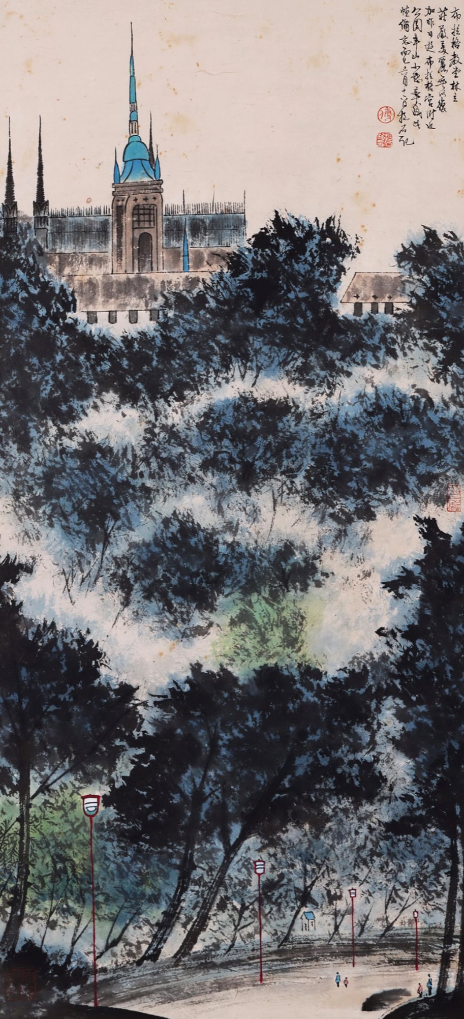 Fu Baoshi Mark Prague Church Hanging Scroll on Paper: 98x44CM