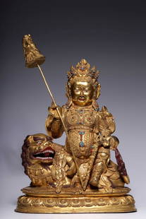 Qing Dynasty gilt bronze statue of the God of Wealth inlaid with turquoise and agate: 24.5*19.5*9/2817g