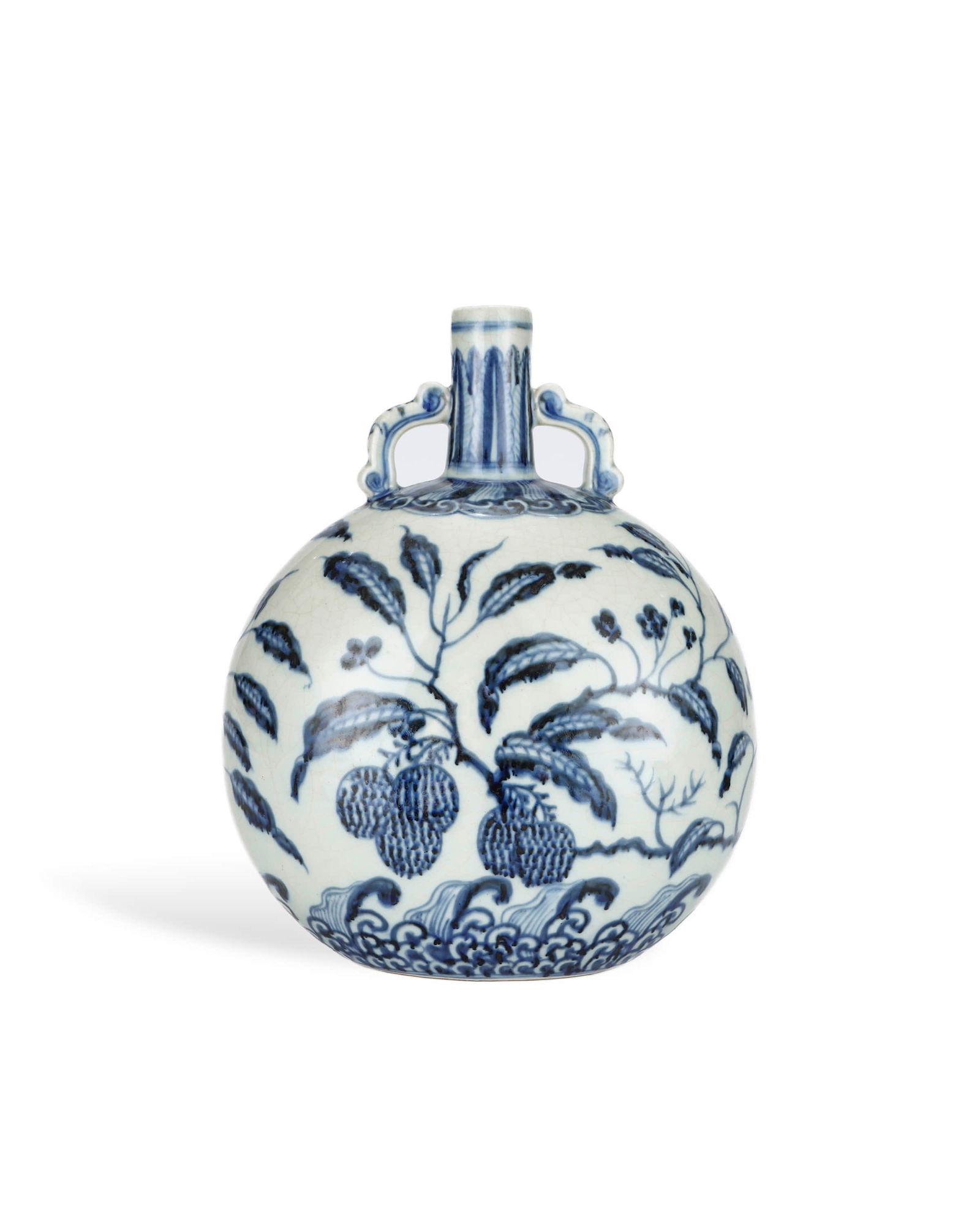 Ming Yongle blue and white flower and fruit pattern moon-holding flat bottle: L:21.7cm H:27cm