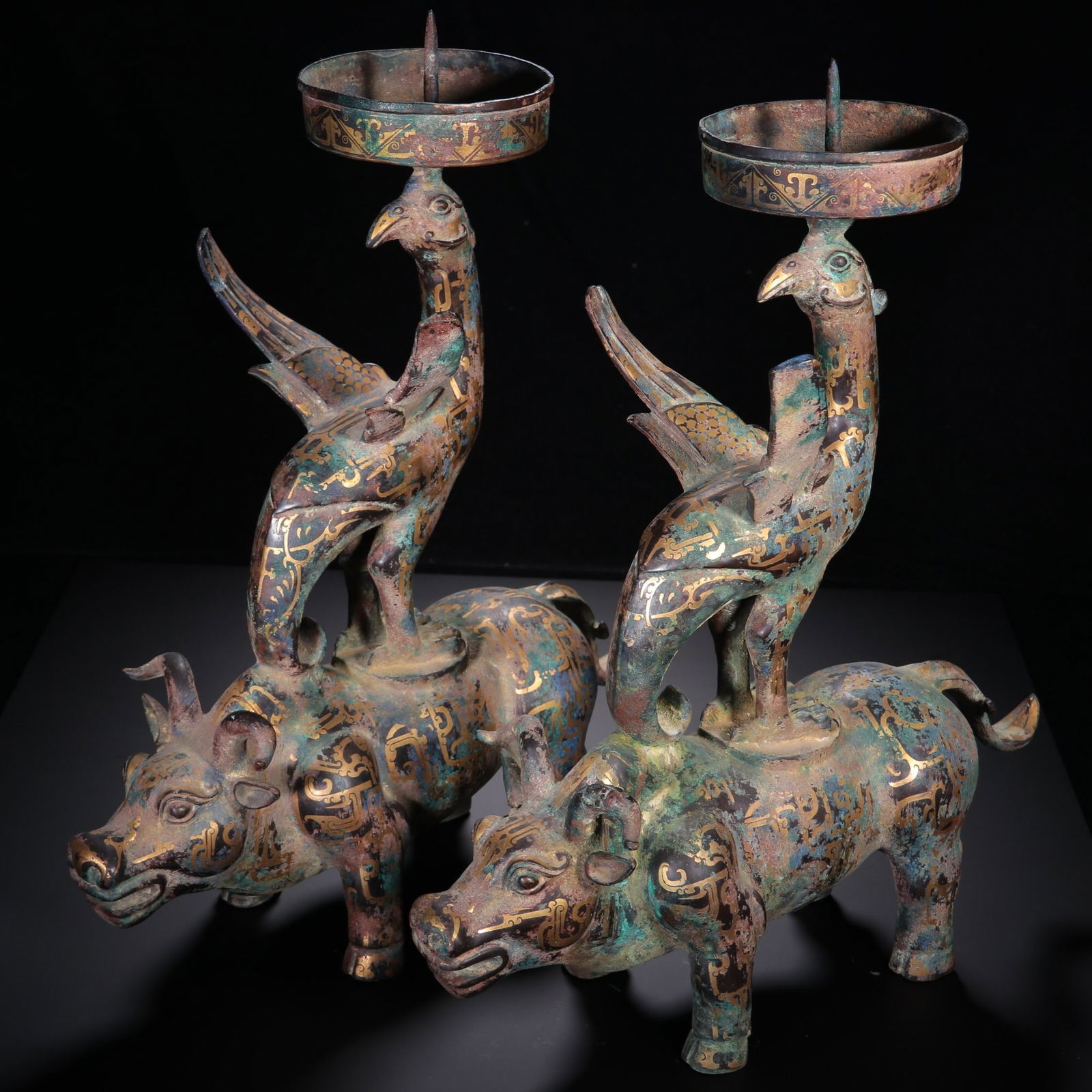 A pair of copper, gold, silver beast high footed lamps: 43*37/7.85kg