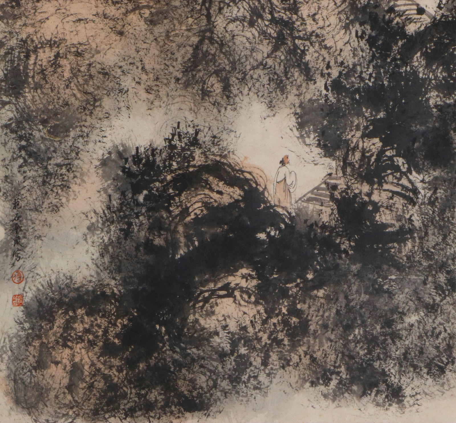 Fu Baoshi Mark landscape and figure hanging scroll: Length 64cm, Width 54cm