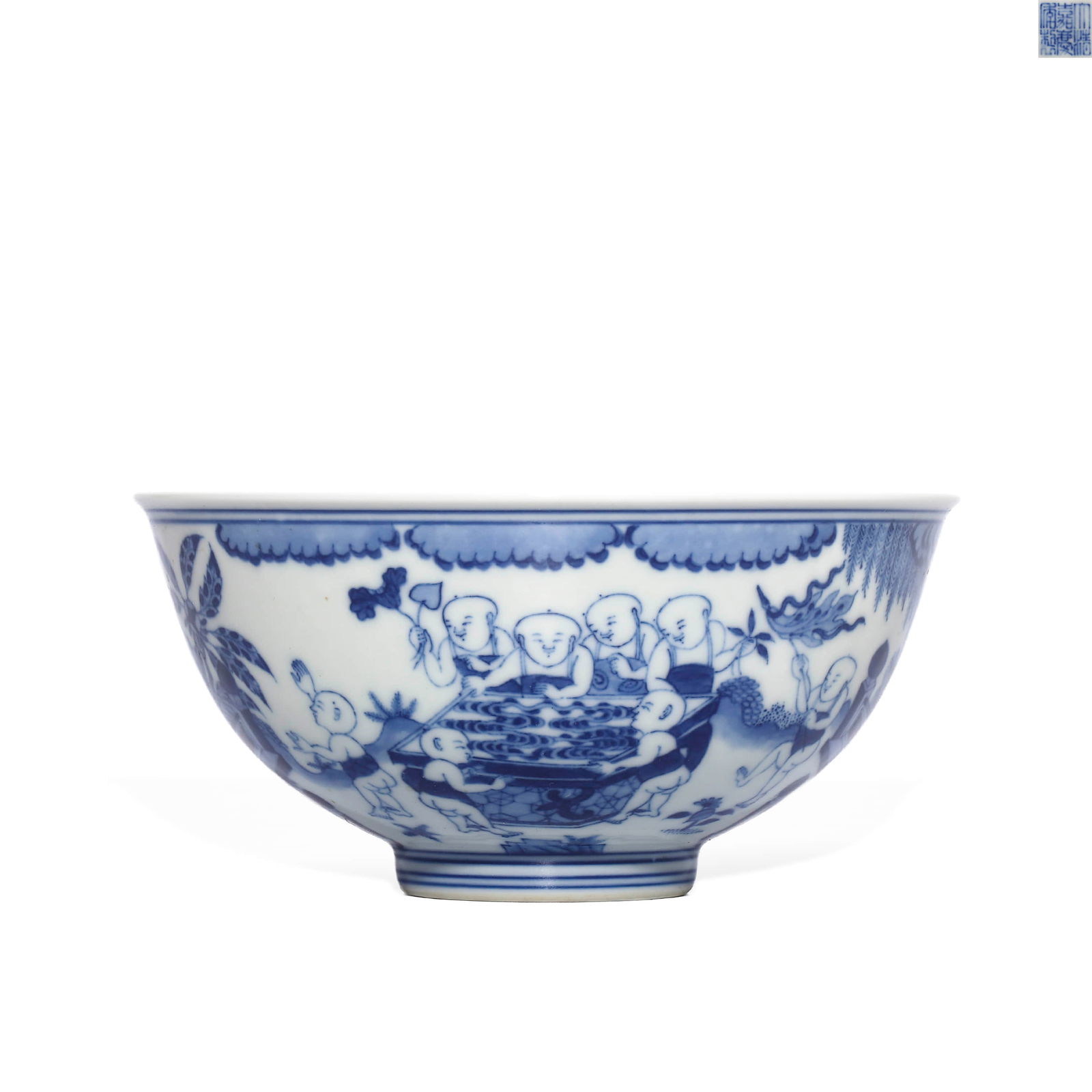 Qing Jiaqing mark Period Blue and White Bowl with Picture of Children at Play: H:7.2cm D:15cm