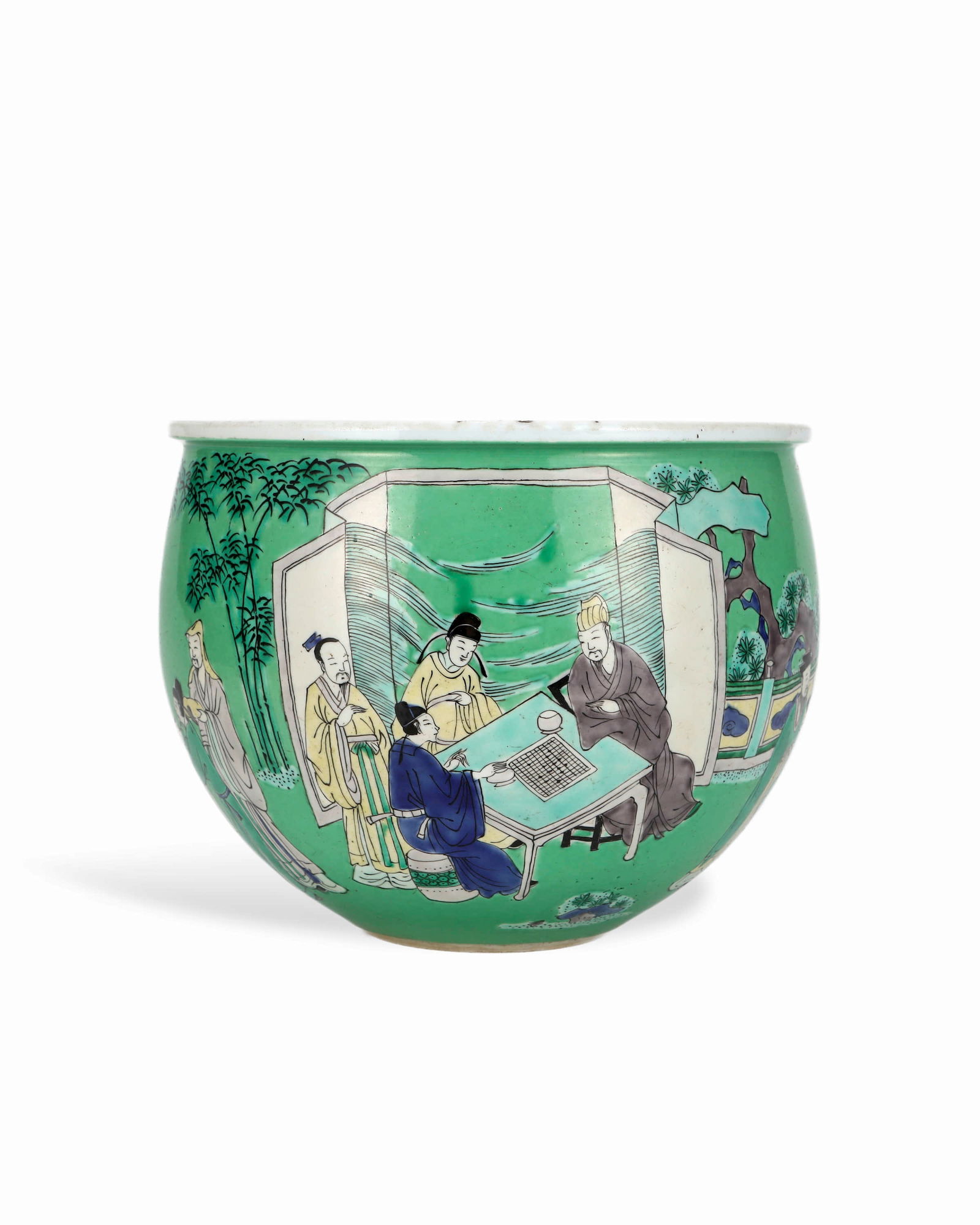 Qing Kangxi green glaze colorful character story pattern cylinder: H:16.7cm W:21cm