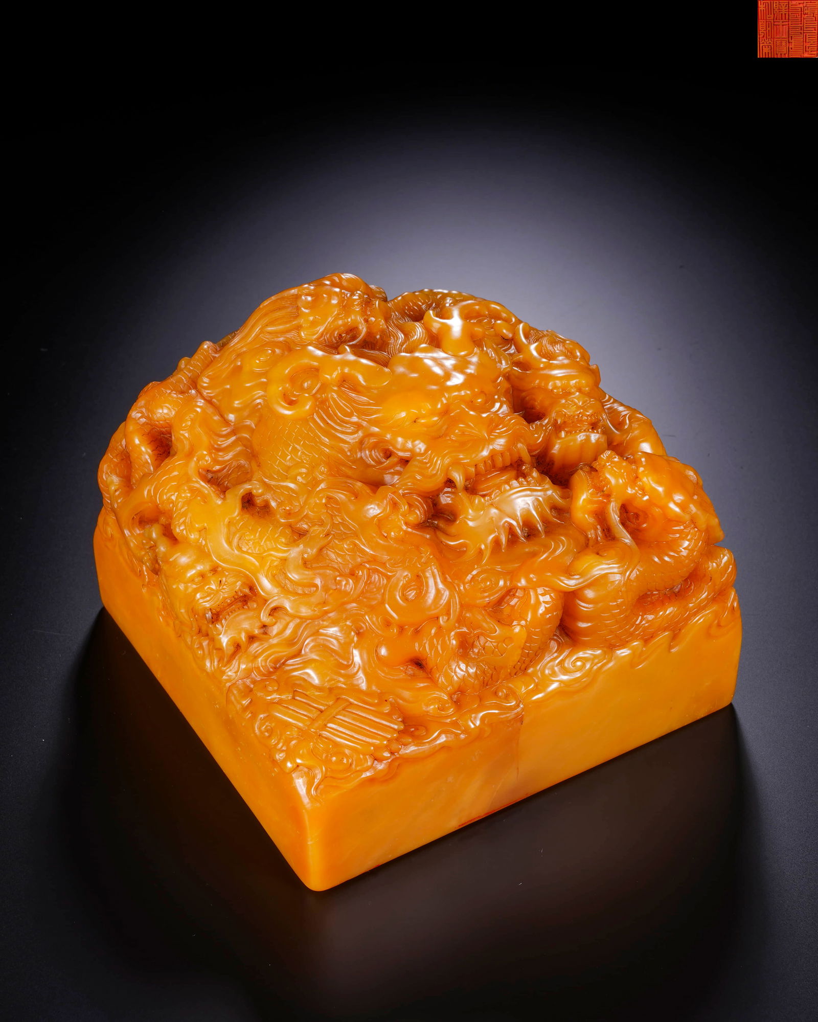 Qingtian Huangshi Jiulong pattern square seal: L:10cm H: 7cm