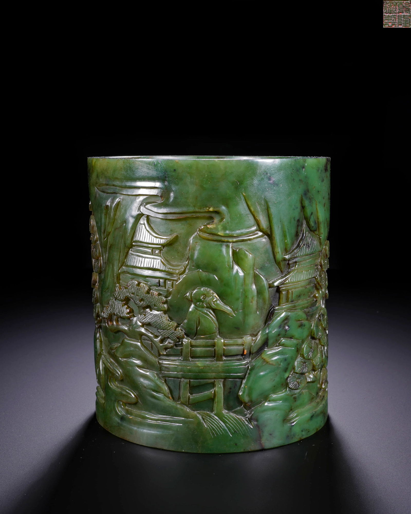 Clear Hotan Jasper Landscape Character Pen Holder: D:11cm H:12cm