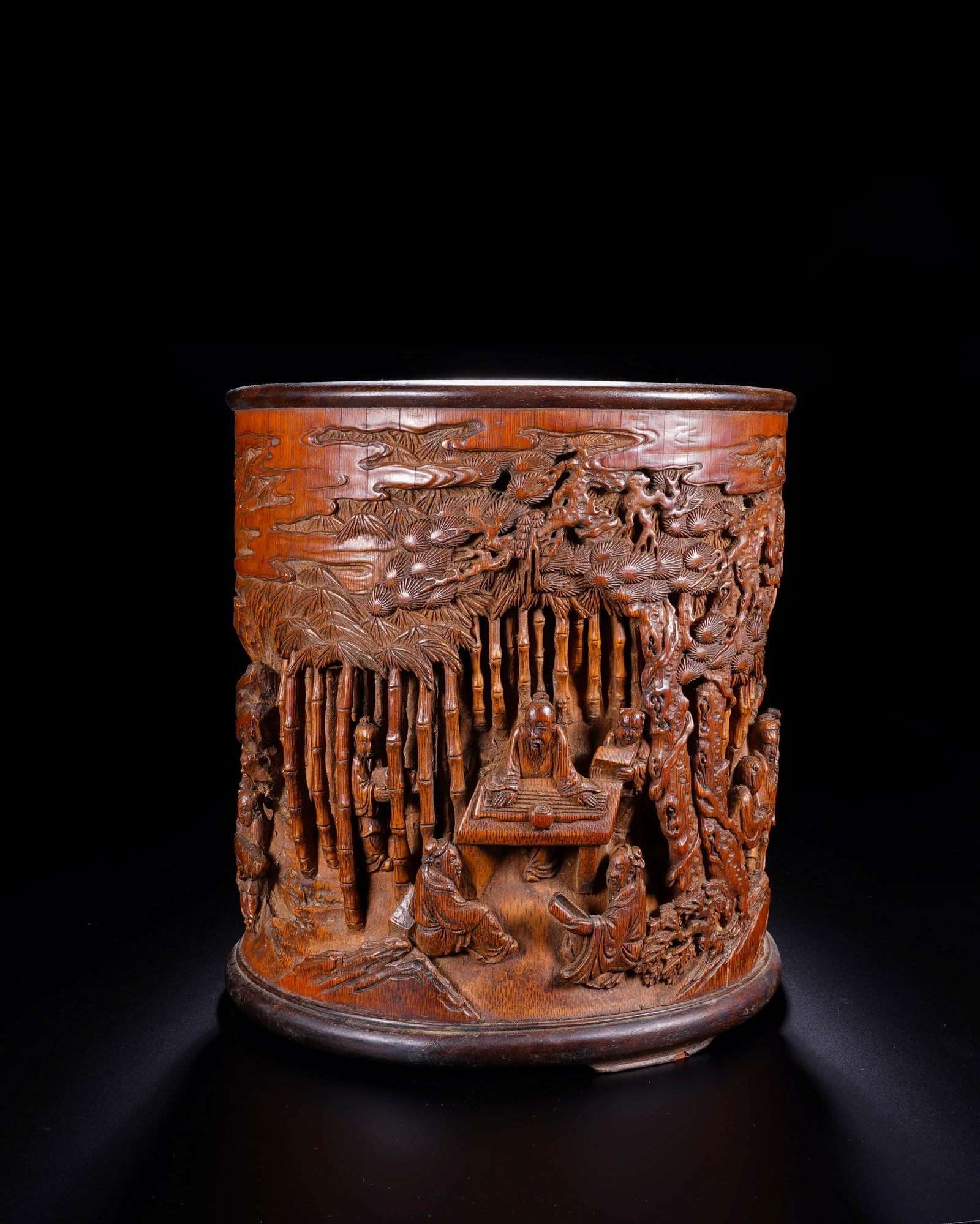 Clear bamboo carving, mingtu pen holder: D:15.3cm H:17.3cm