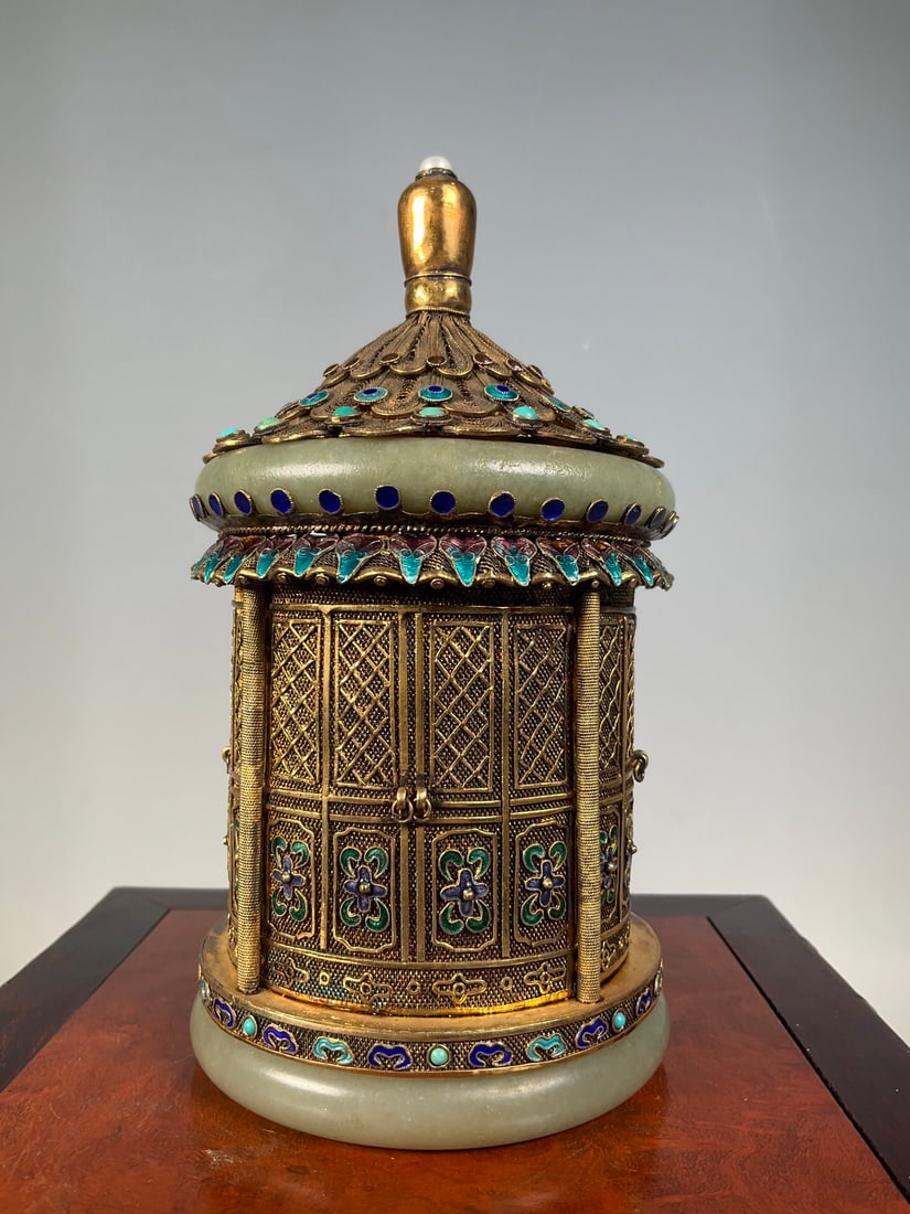 Pure Silver Gilt Cloisonné Enamel Inlaid Gemstone Tea Canister Foreign Exchange Earning mark: 15.5*8/535g