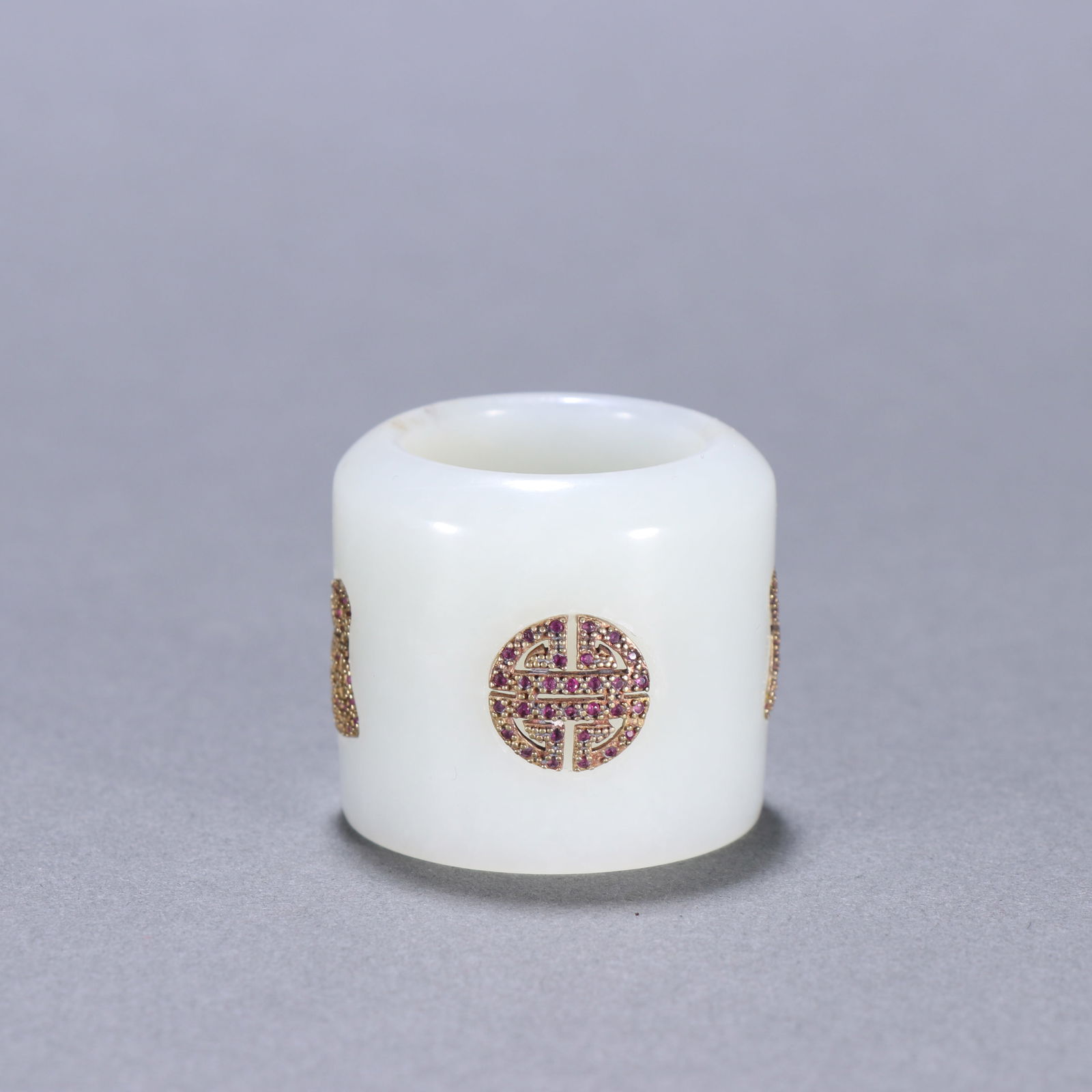 Qing Dynasty Hetian Jade Inlaid Silver and Gilded Thumb Ring (1 of 1)