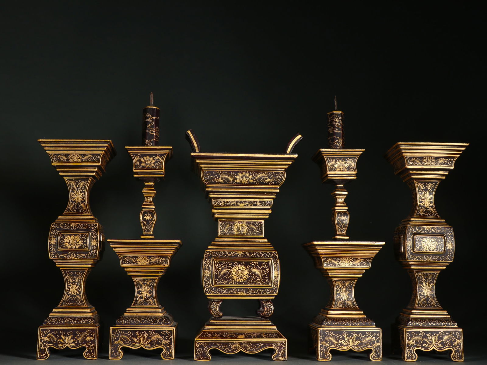Qing Dynasty Wooden Lacquerware Gilded Five-Piece Offering Set (1 of 5)