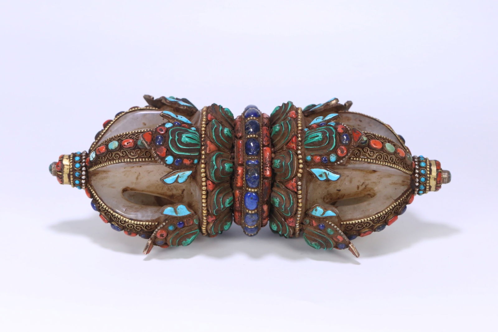 Tibetan Buddhist Crystal Vajra with Silver Plating and Gilding, Inlaid with Gemstones (1 of 1)