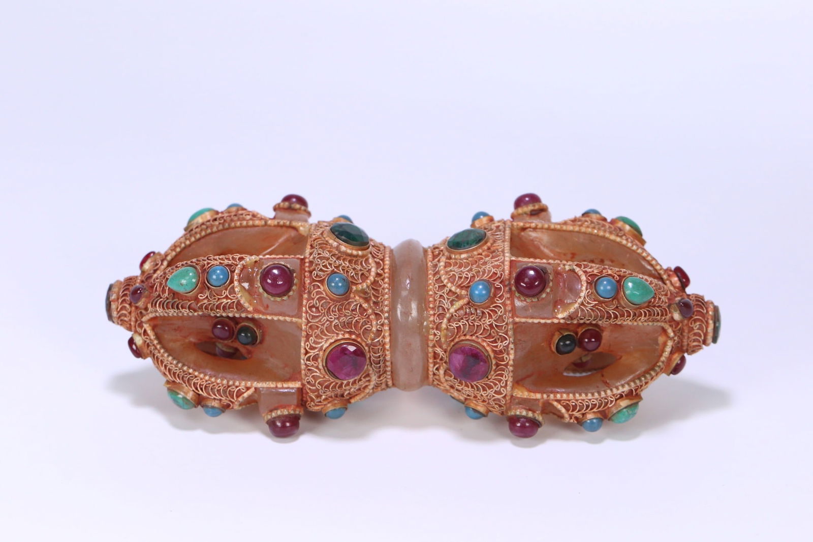 Tibetan Buddhist Crystal Vajra Ritual Implement with Bronze Plating and Gilding, Inlaid with (1 of 1)