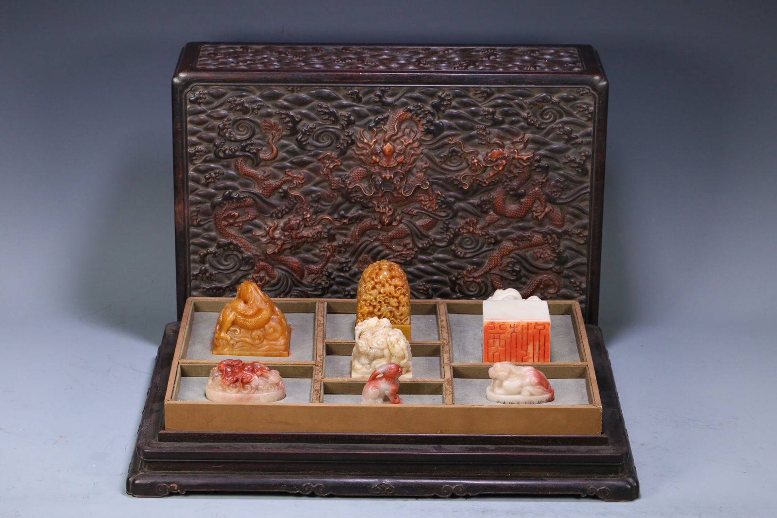 A Set of Qing Dynasty Zitan Wood Box, Shoushan Stone, and Hetian Yellow Stone Seals (1 of 3)