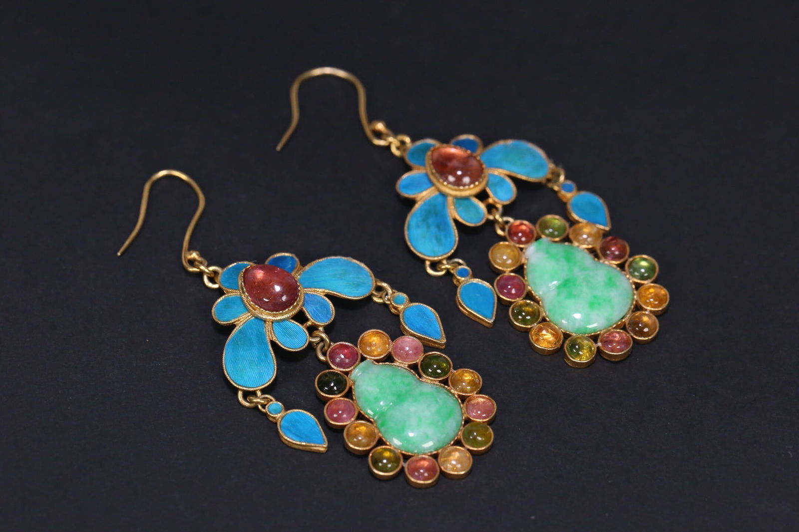 Silver Gilt Filigree Earrings Inlaid with Kingfisher Feathers, Tourmaline and Jade (1 of 2)