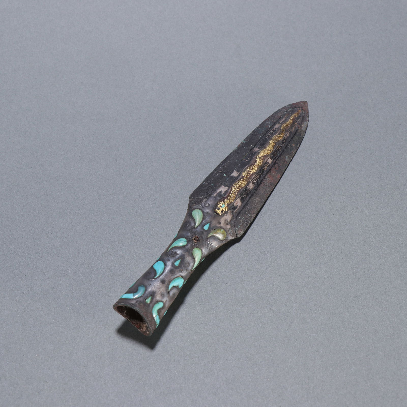 Han Dynasty bronze spearhead inlaid with gold and silver and turquoise (1 of 2)