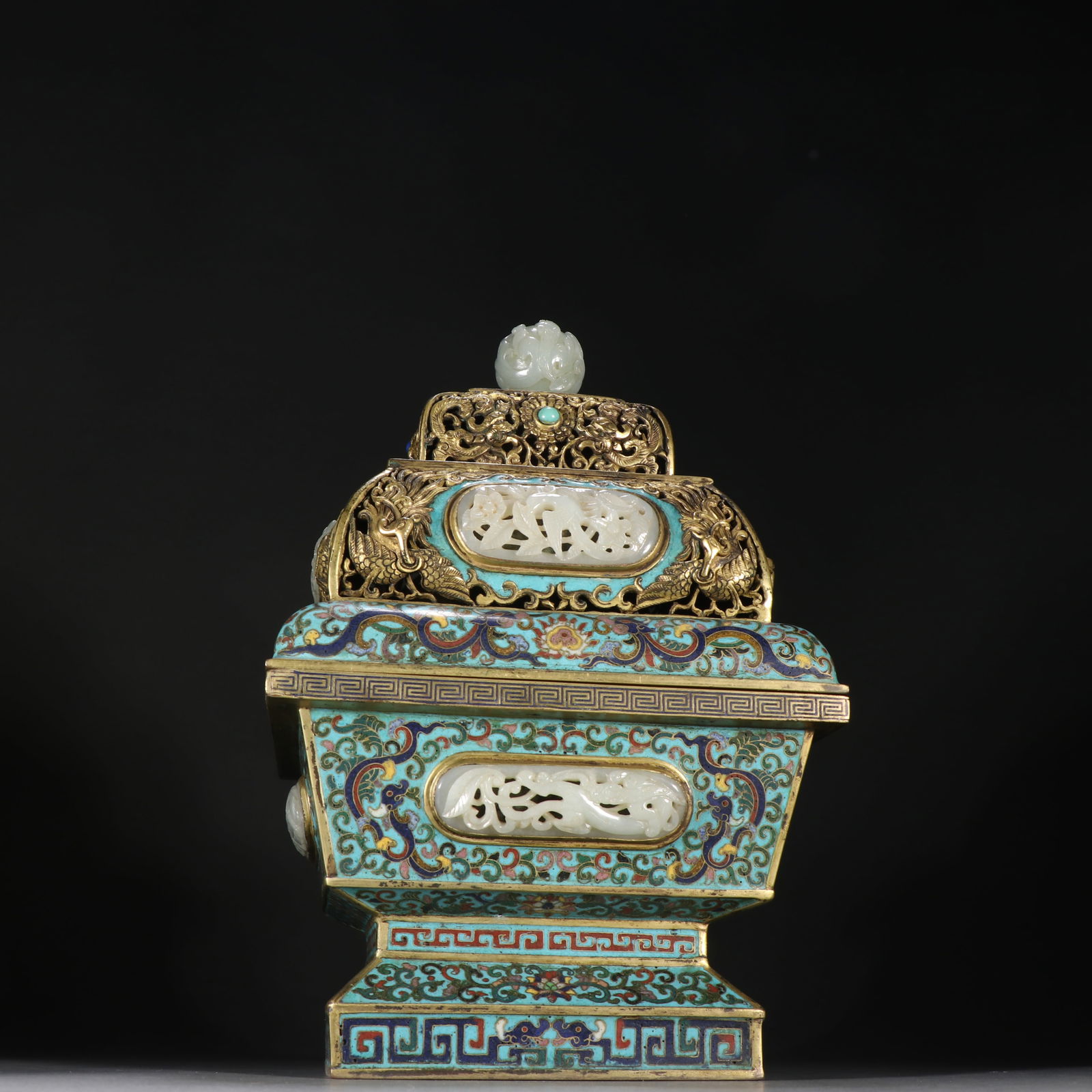 Qianlong mark Gilt Bronze Cloisonné Incense Burner Inlaid with Jade: 30*18.8/3557.9g