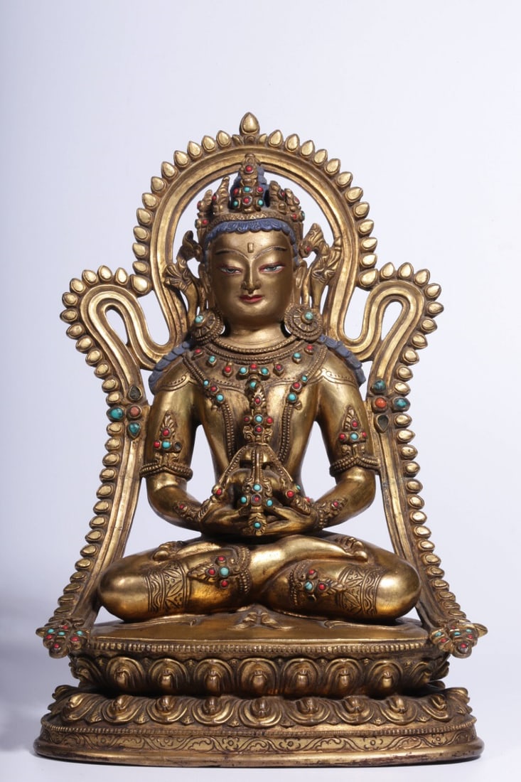 Qing Dynasty Gilt Bronze Buddha Statue Inlaid with Gemstones (1 of 1)