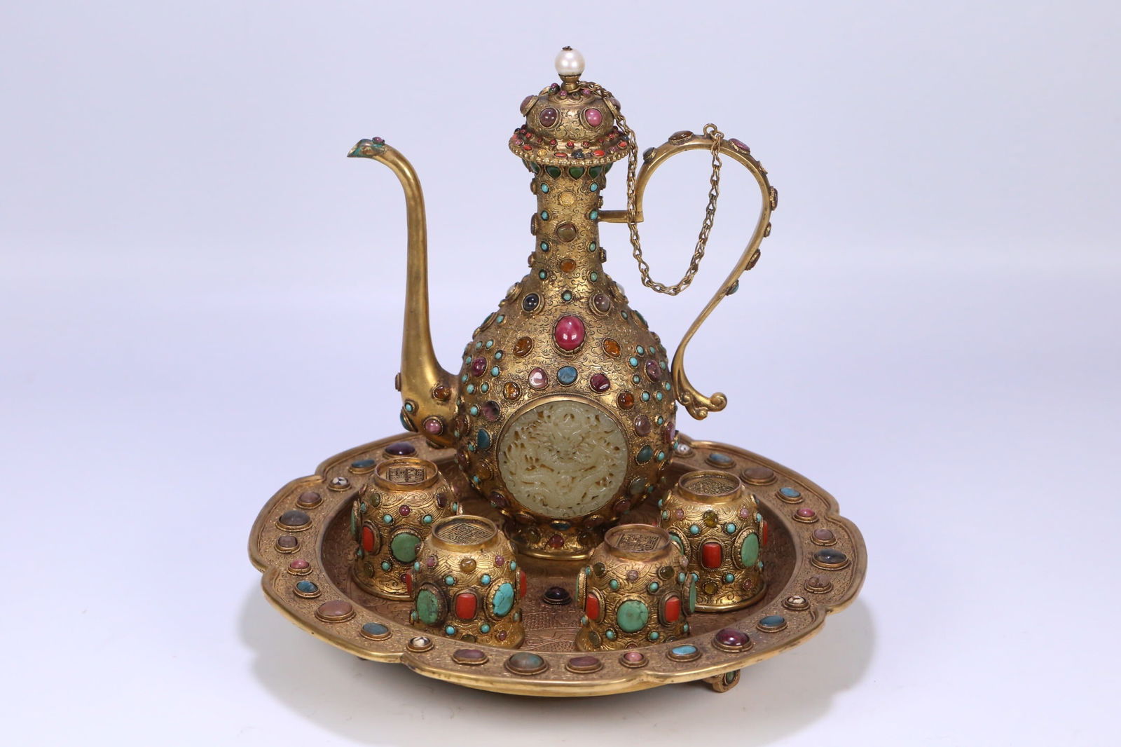 Gilt Bronze Wine Set Inlaid with Hetian Jade and Gemstones: 27*4/23*19*9/5*5.3/2.55kg