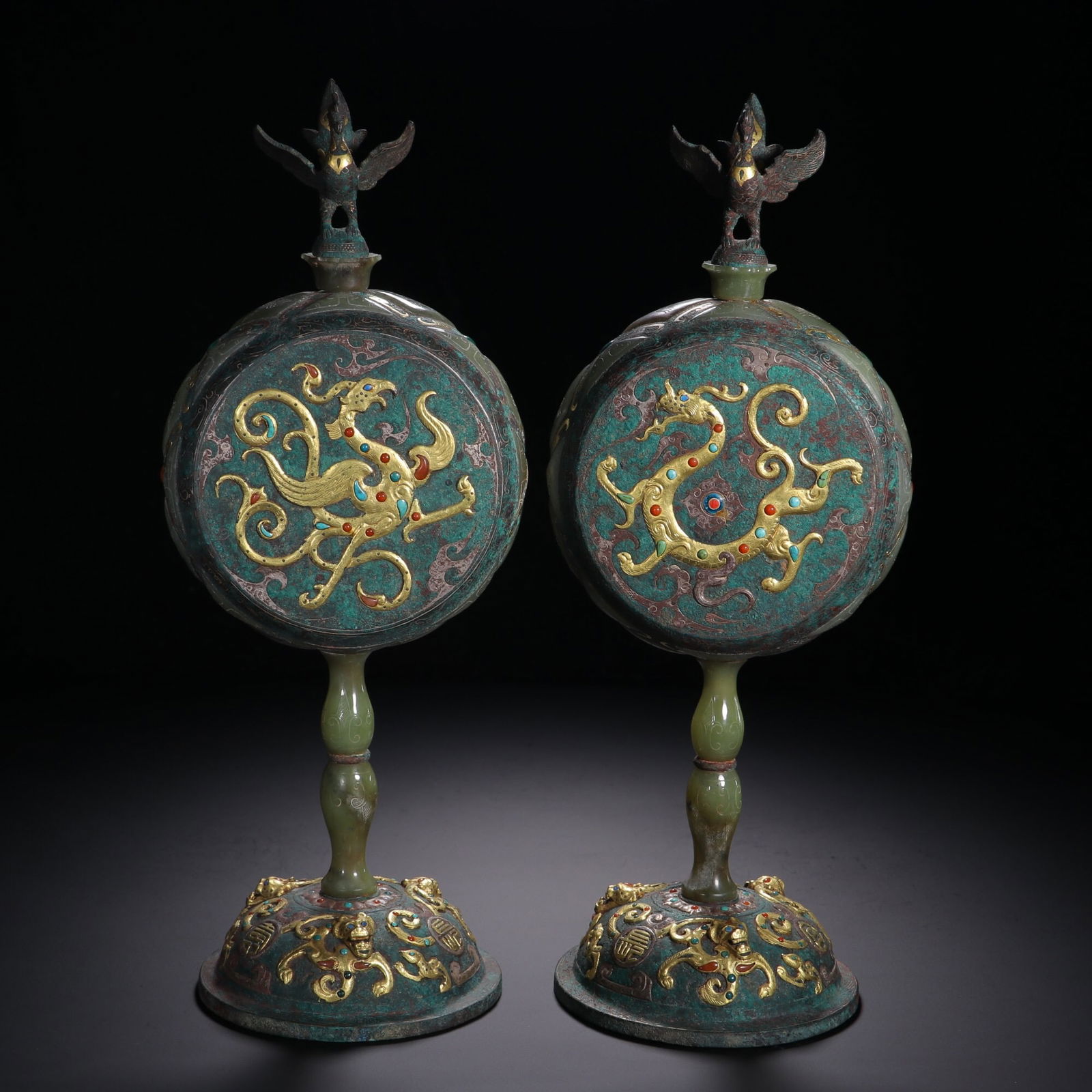 A Pair of Han Dynasty Bronze Drums Inlaid with Gold, Silver, and Jade: 31*12.6/2713g