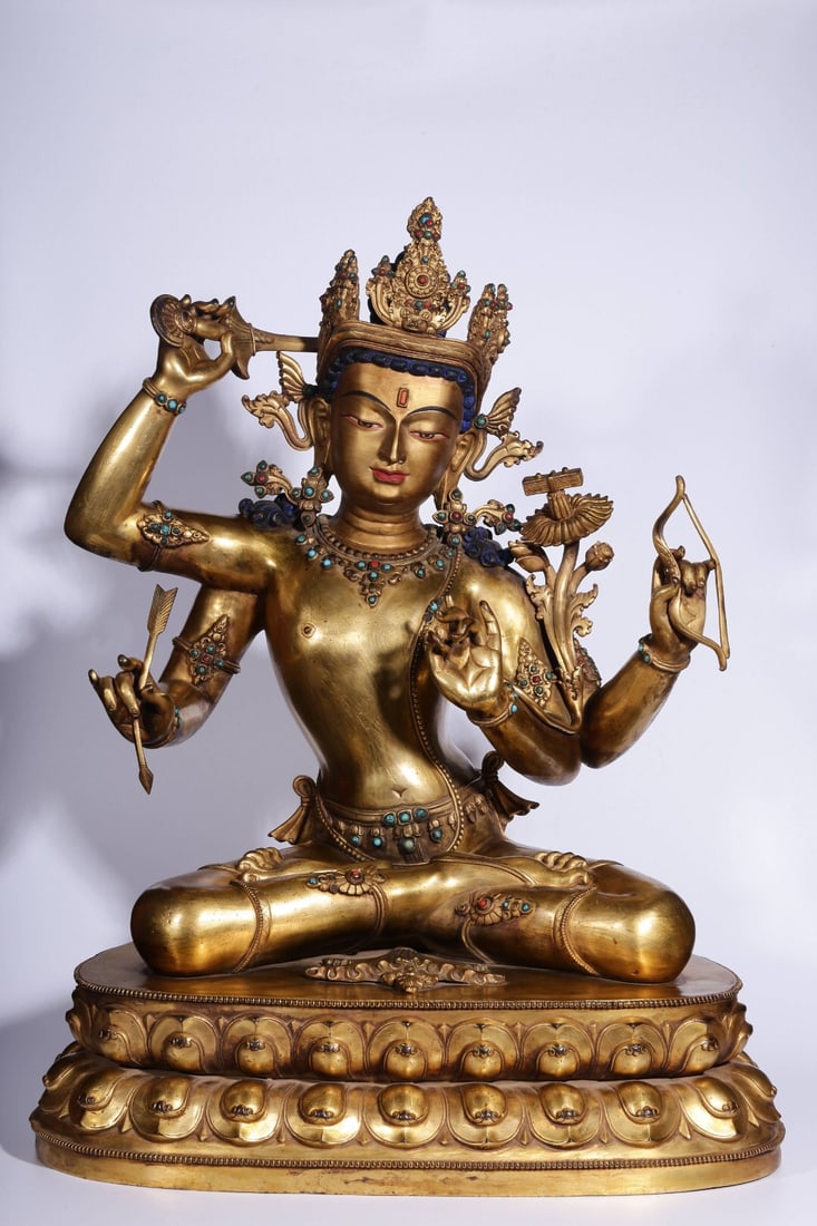 Qing Dynasty Gilt Bronze Buddha Statue Inlaid with Gemstones: 62*48*31/22.85kg