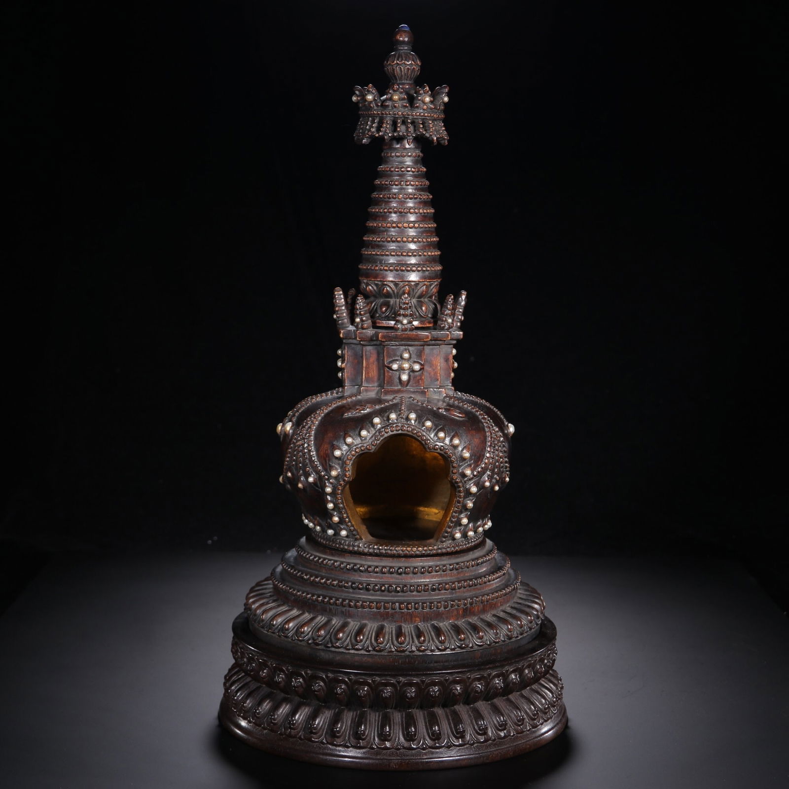 A Qing Dynasty Agarwood Inlaid Gemstone Pagoda: 42*22/2.89kg
