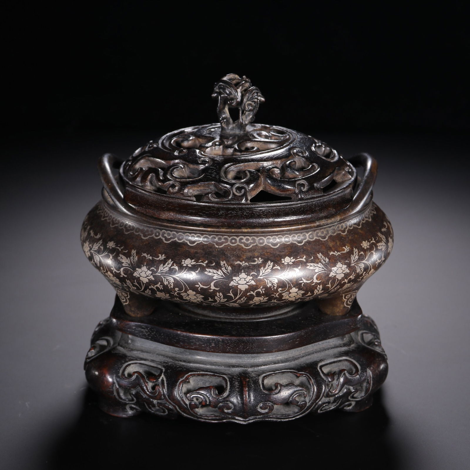 Stone Elder mark Bronze Incense Burner Inlaid with Silver: 10*13.5/950g