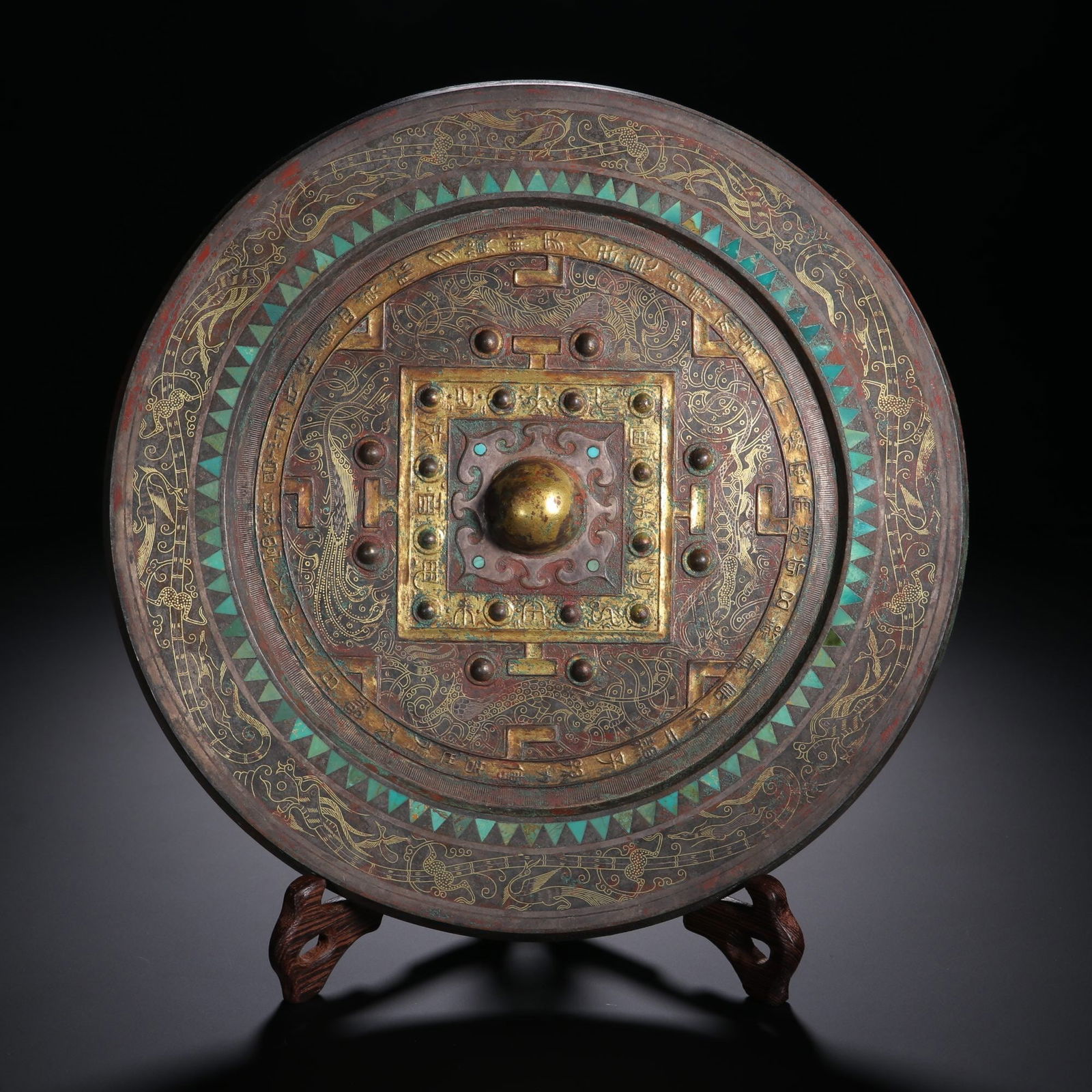 Han Dynasty Bronze Mirror Inlaid with Gold and Turquoise: 25.5/2.64kg
