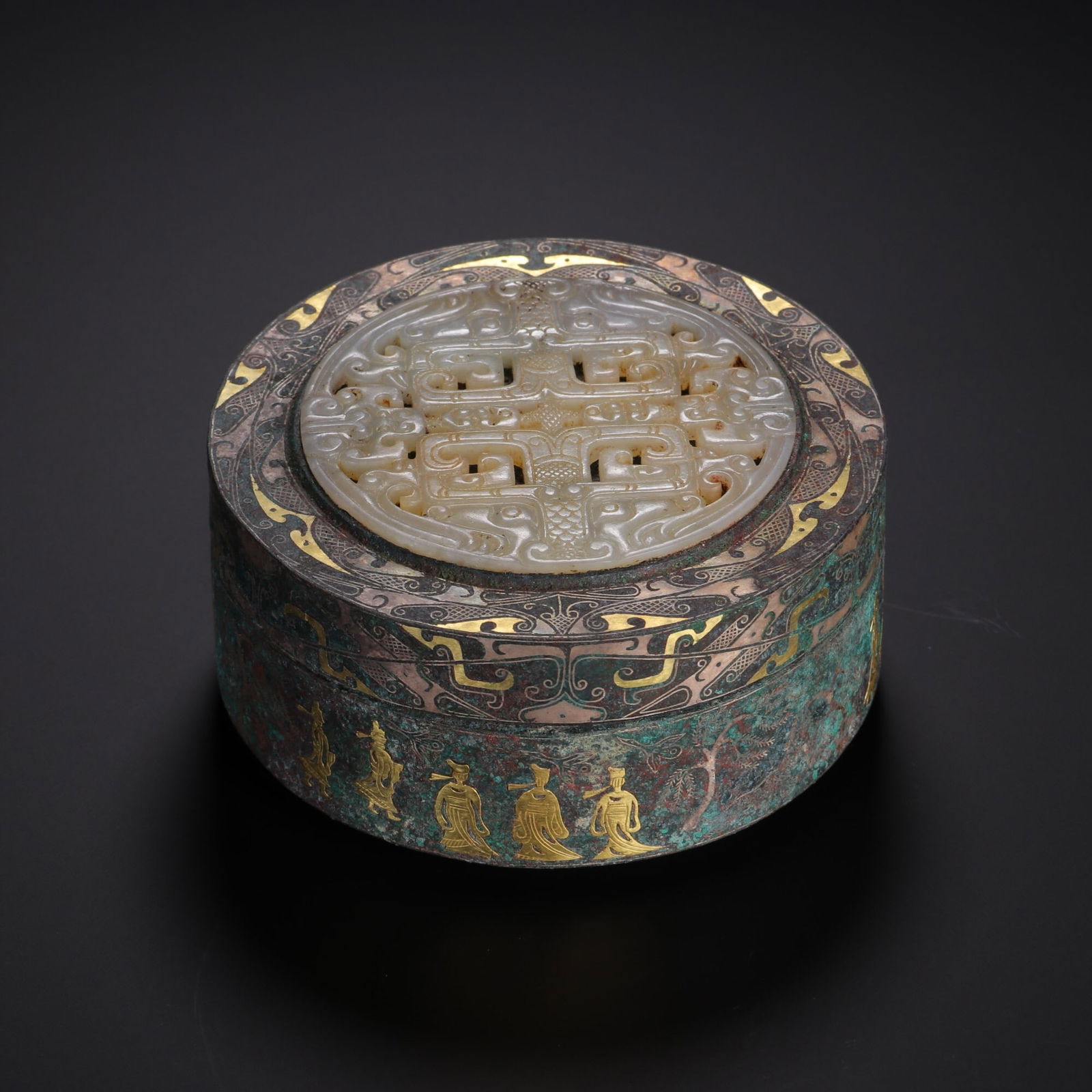 Han Dynasty Bronze Vessel Inlaid with Gold and Silver and White Jade Cover: 5.3*10.6/560g