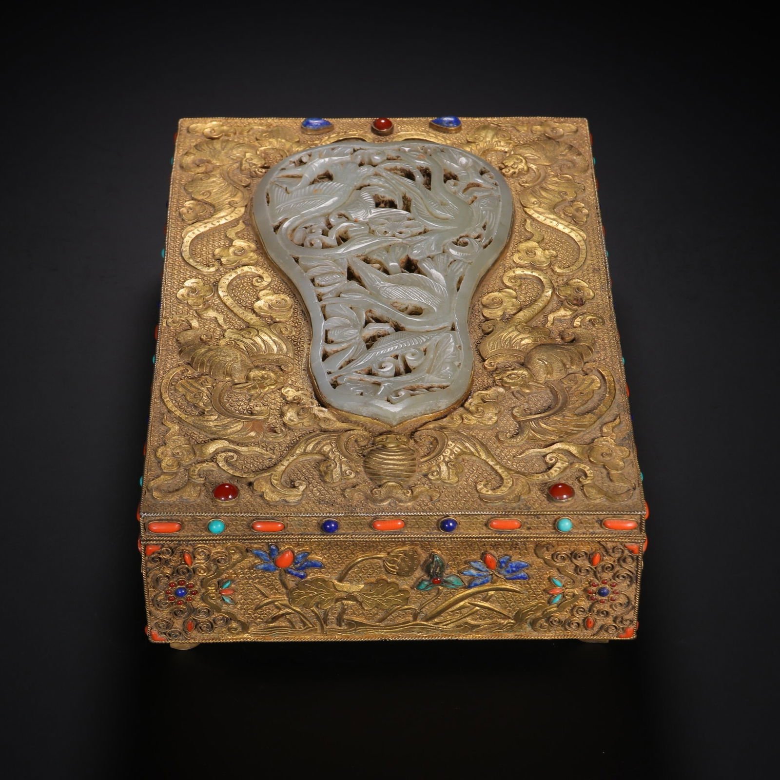 Qing Dynasty Gilded Jade Inlaid Box with Treasure Cover (1 of 4)