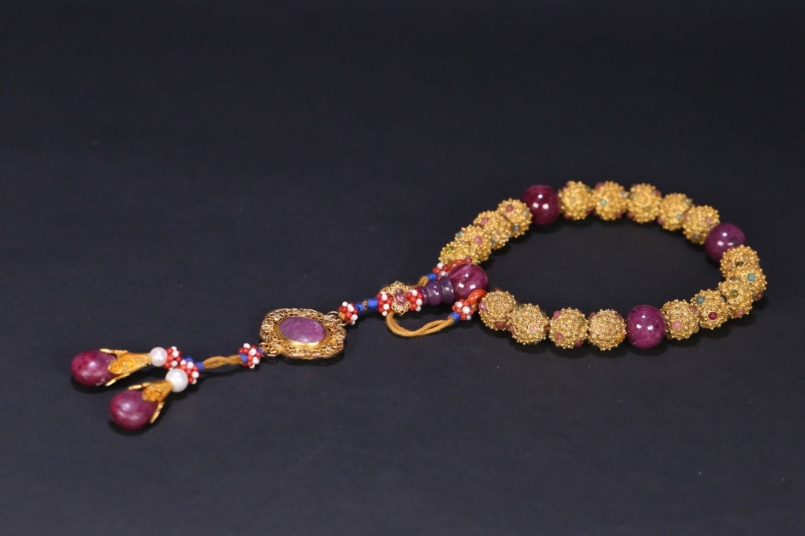 Qing Dynasty Imperial Collection Silver Gilt Filigree Inlaid Tourmaline Eighteen Bead Handheld (1 of 1)