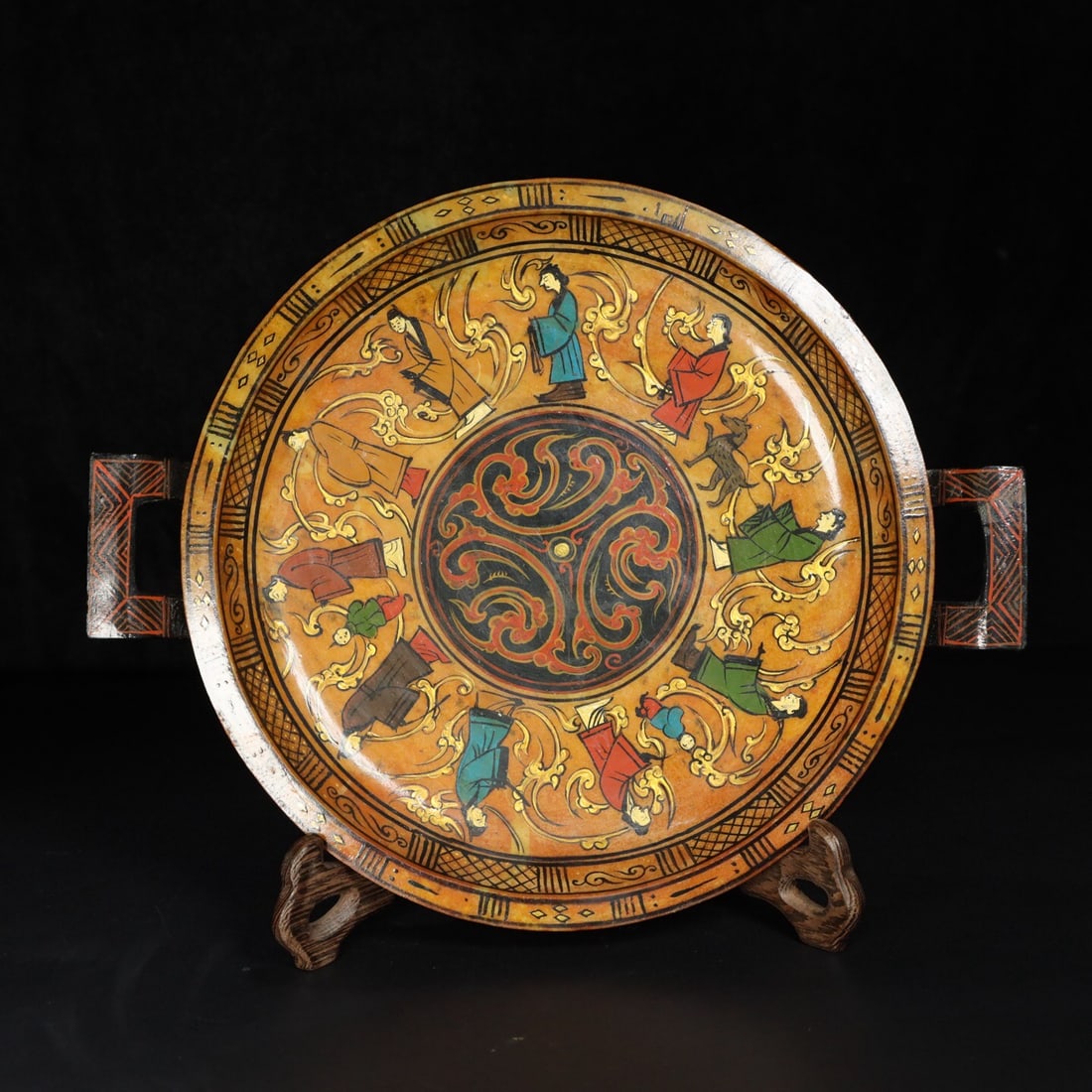 Hetian jade gilt-painted double-eared plate: 31*25*3.8/1.12kg