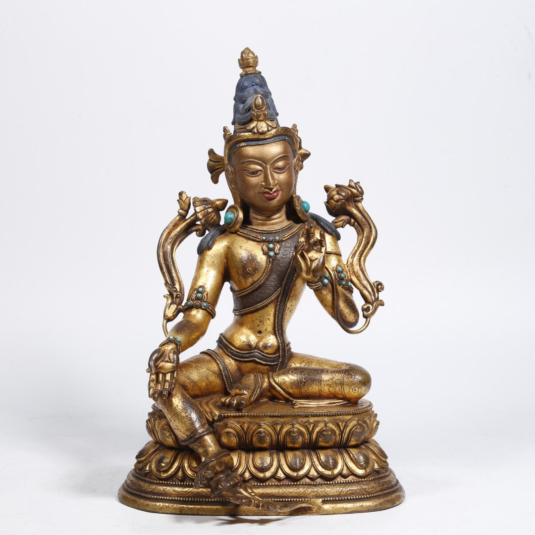 Gilt Bronze Deity Statue Inlaid with Gemstones (1 of 1)