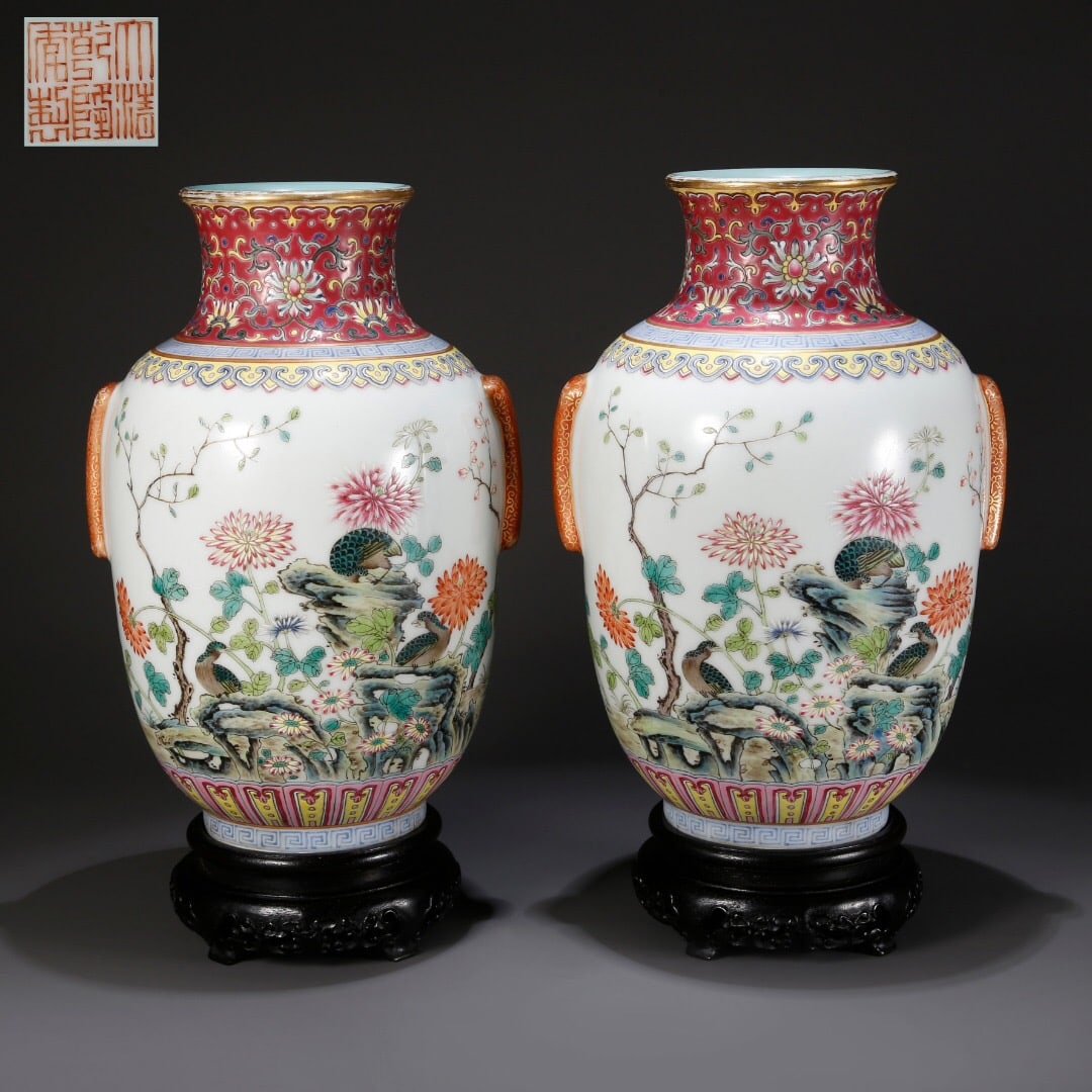 A Pair of Qianlong Mark Famille Rose Vases (1 of 4)